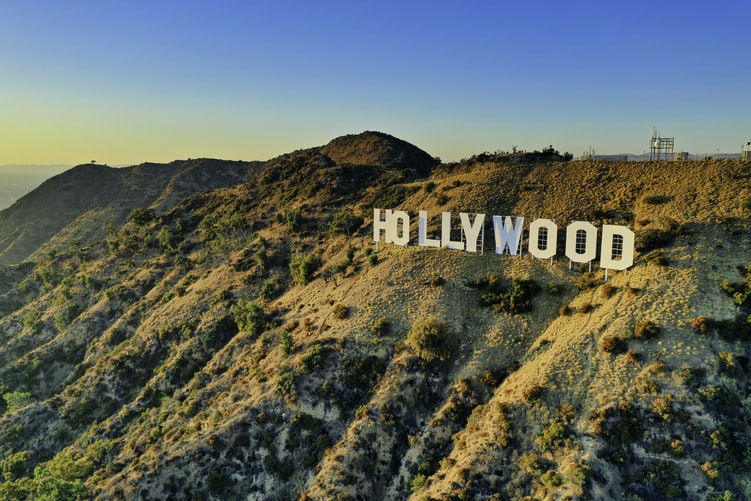 Hollywood sign on Santa Monica Mountains with golden morning light