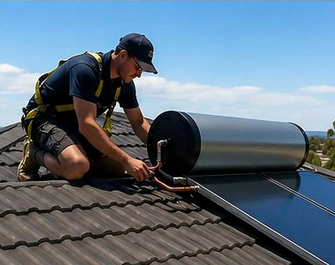 Technician wearing a safety harness working on a solar hot water system on a tiled roof