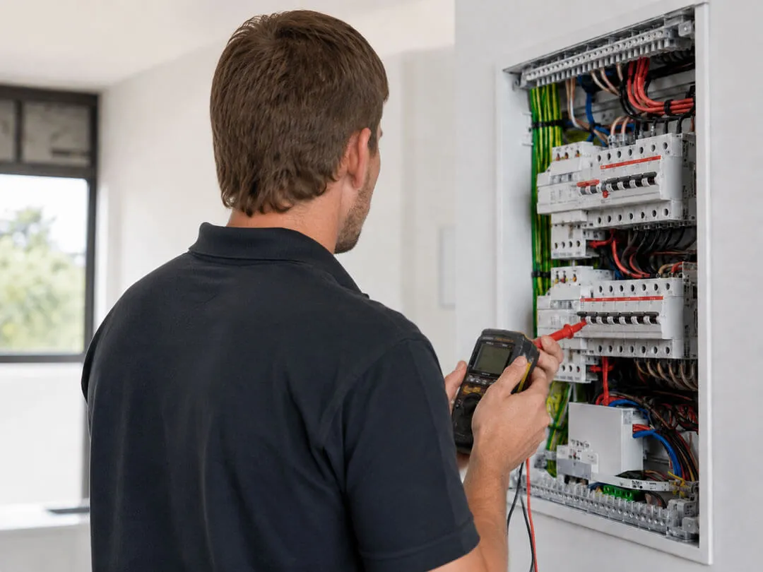 Electrician testing a circuit breaker panel with a multimeter inside a residential building