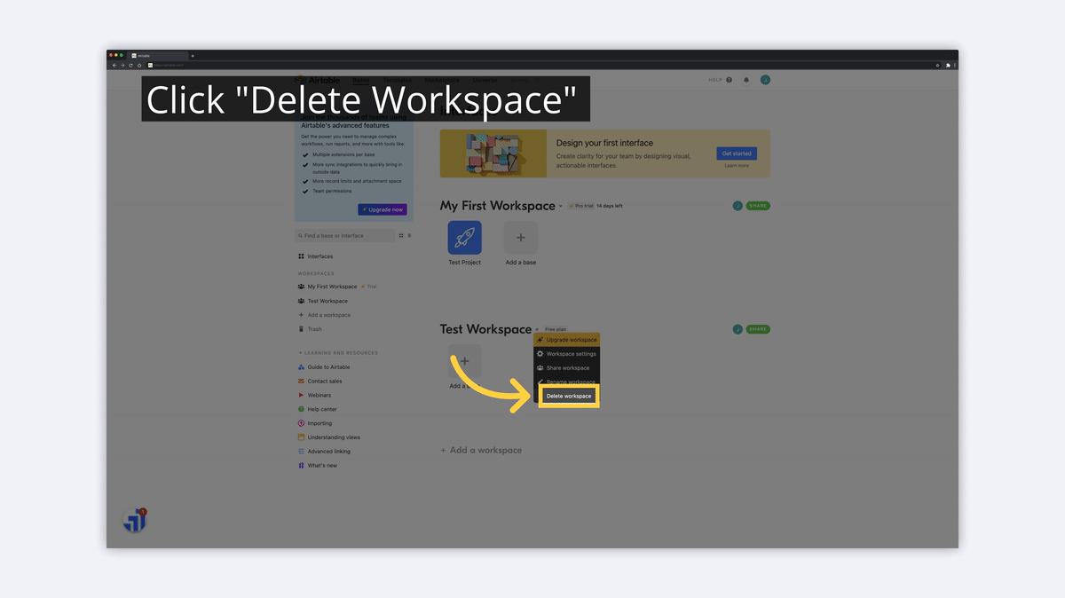 what is airtable delete workspace image