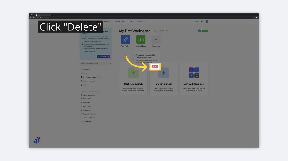 what is airtable confirm delete base image