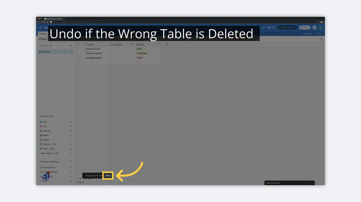 what is airtable undo table delete image