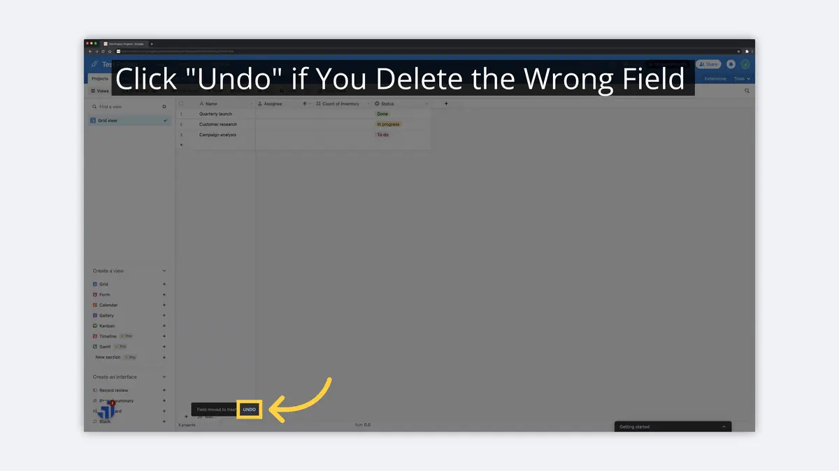 what is airtable undo field deletion image