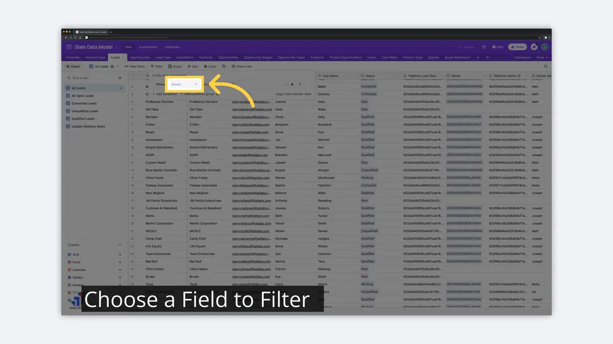 what is airtable choose field in filter image