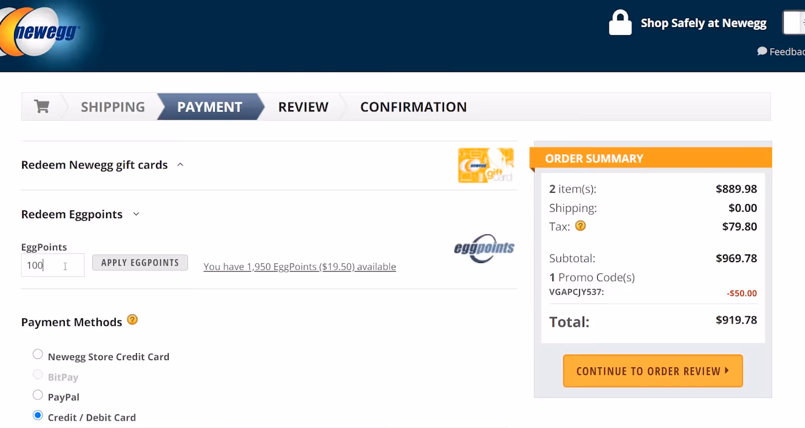 Discount after redeeming 1950 EggPoints at the Newegg online store.