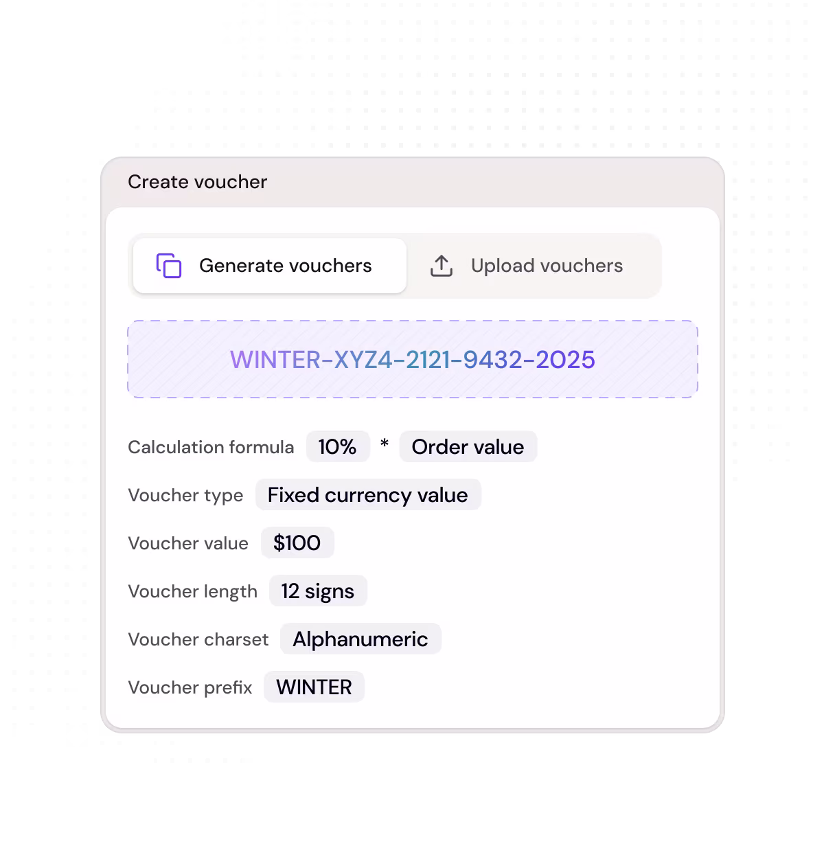 User interface for creating a voucher with prefix WINTER, 12 alphanumeric signs, $100 value, fixed currency type.