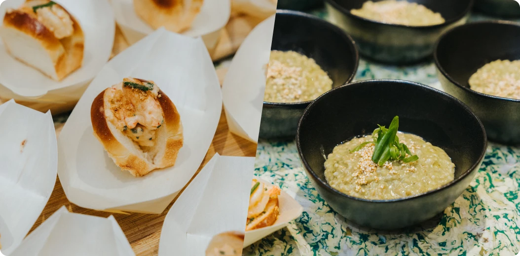 Prawn milk rolls (left) and Selva Shrimp oat congee (right) at Synthesis' Future of Food event
