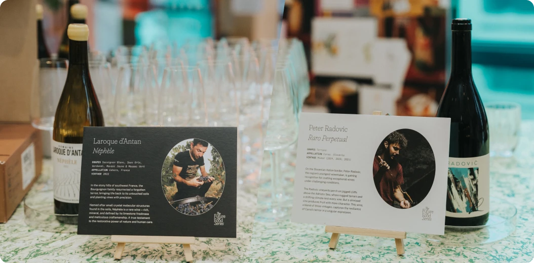 Laroque d'Antan's Néphèle wine (left) and Radovic's Raro Perpetual wine (right) at Synthesis' Future of Food event