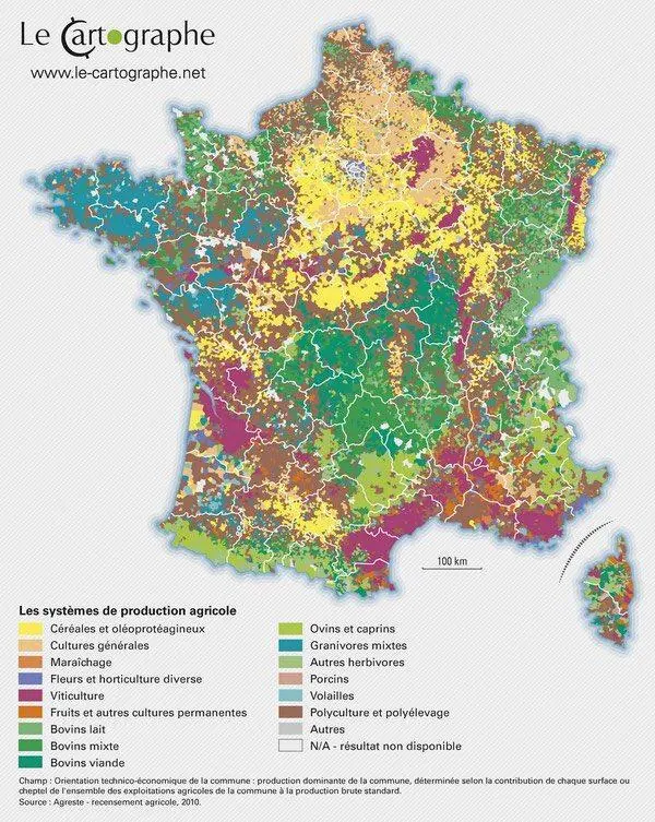 Carte montrant les spécialisations agricoles régionales et donc les déséquilibres causés par ces derniers.