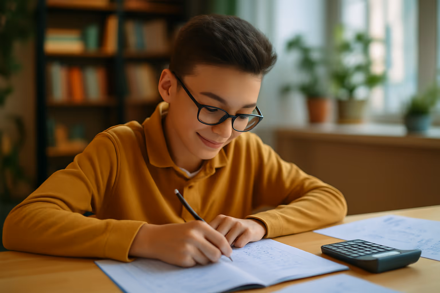 Young boy with glasses wearing a mustard shirt, smiling and writing in a notebook at a table with a calculator and papers.