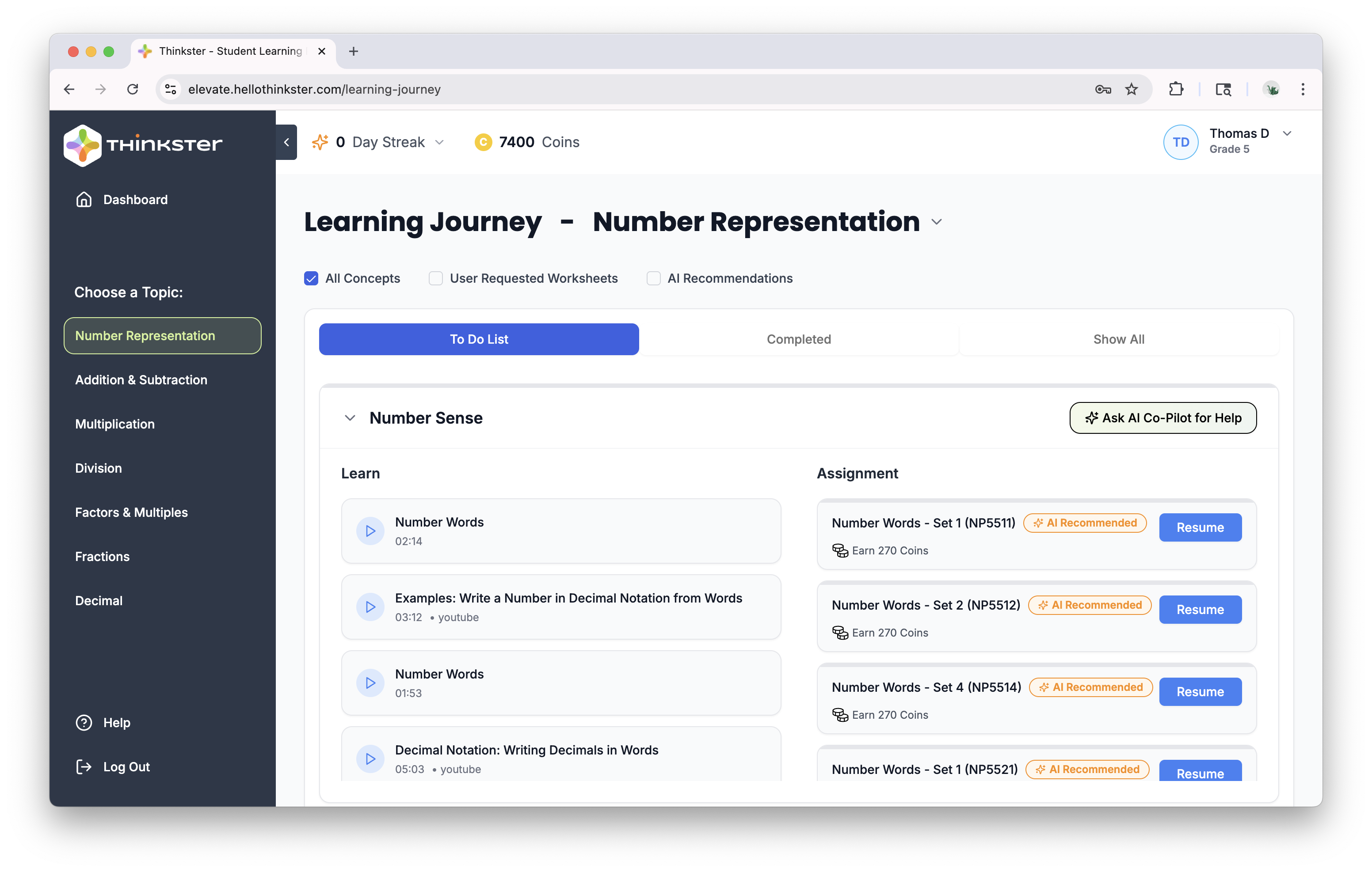 Thinkster student learning journey webpage showing Number Representation topic with a to-do list of number sense lessons and assignments including videos and AI-recommended tasks.
