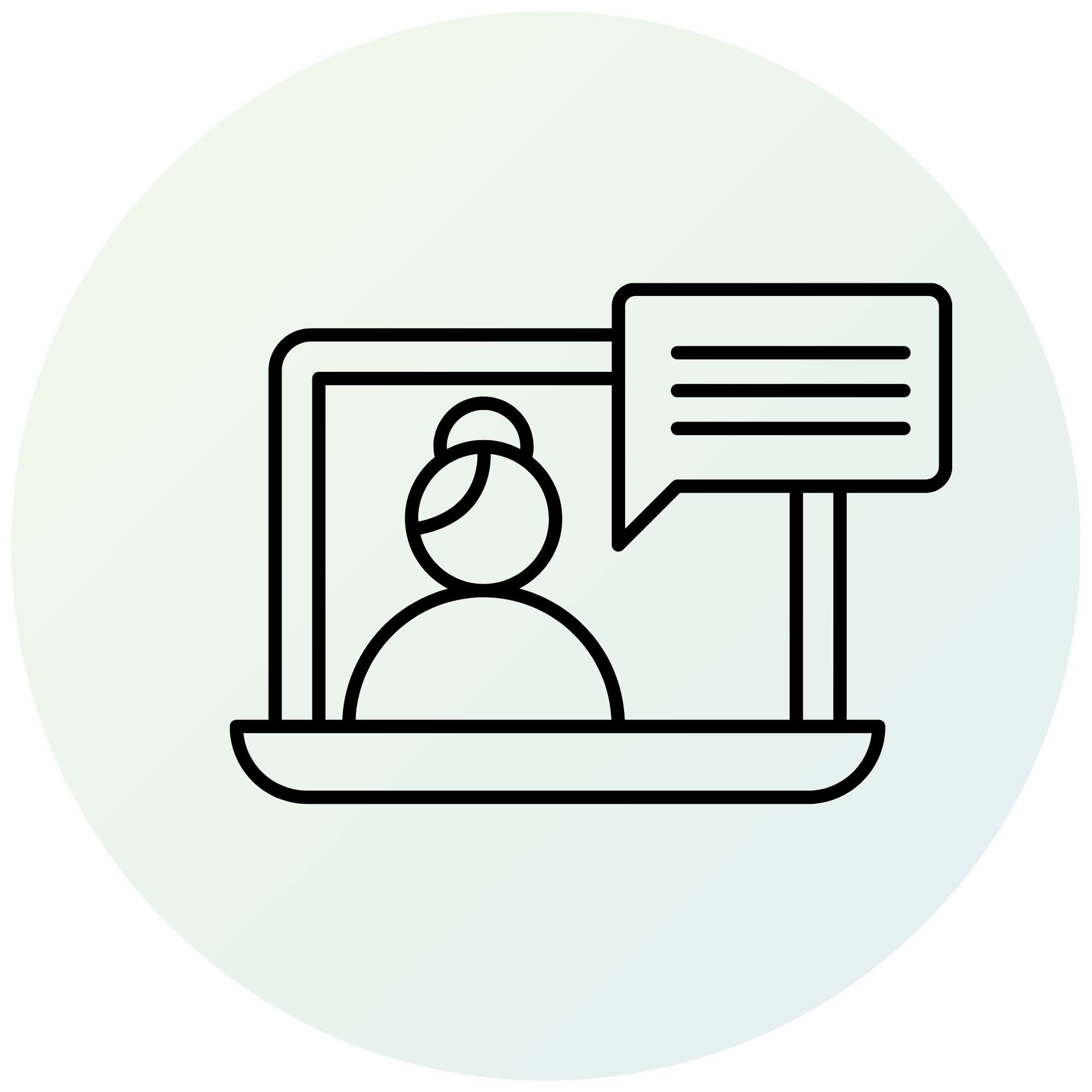 Outline icon of a person on a laptop screen with a speech bubble indicating online communication.