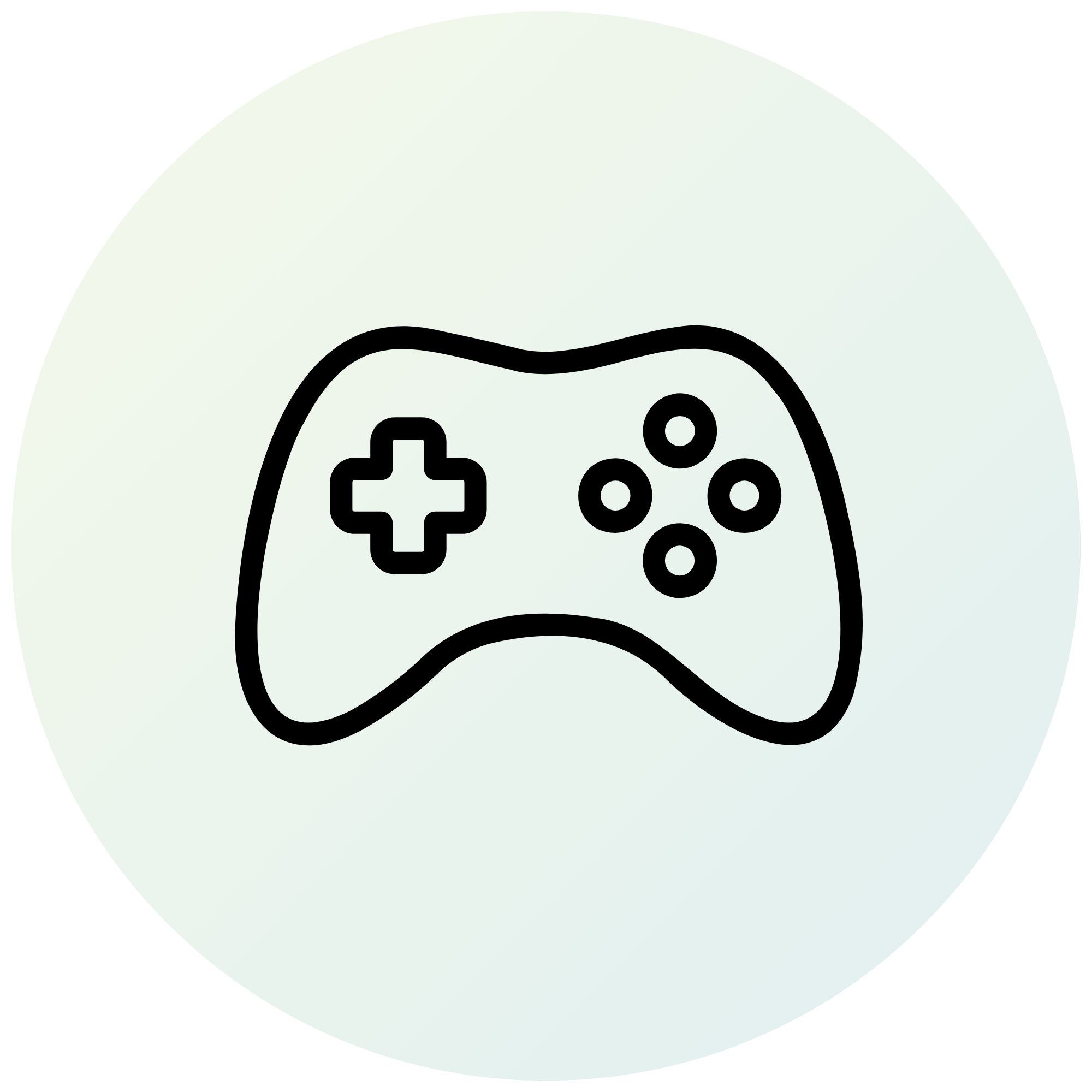 Black outline of a video game controller with directional pad and four buttons inside a light circular background.