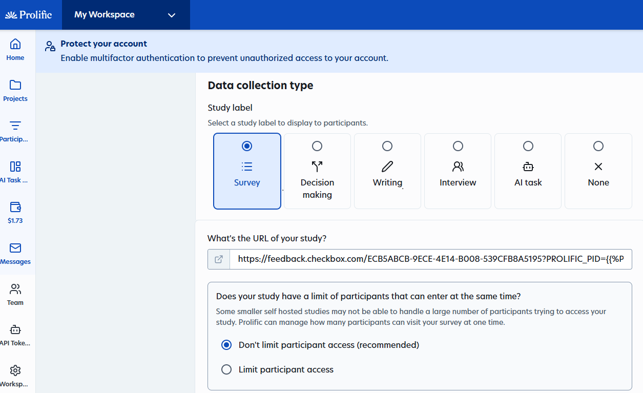Prolific and Checkbox connection