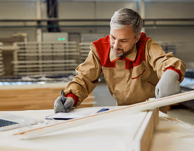 Portrait d'un artisan qui me sure du bois dans son atelier