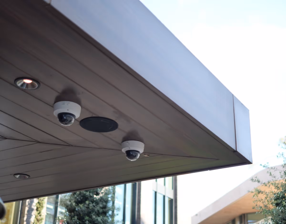 Two security dome cameras mounted on a modern building ceiling