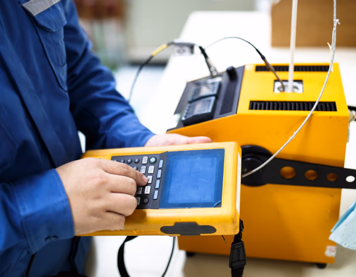 Technician using yellow calibration device with digital screen and connections