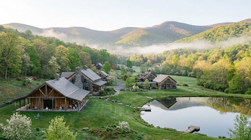 Aerial view of Peace Village retreat center nestled in the Catskill Mountains