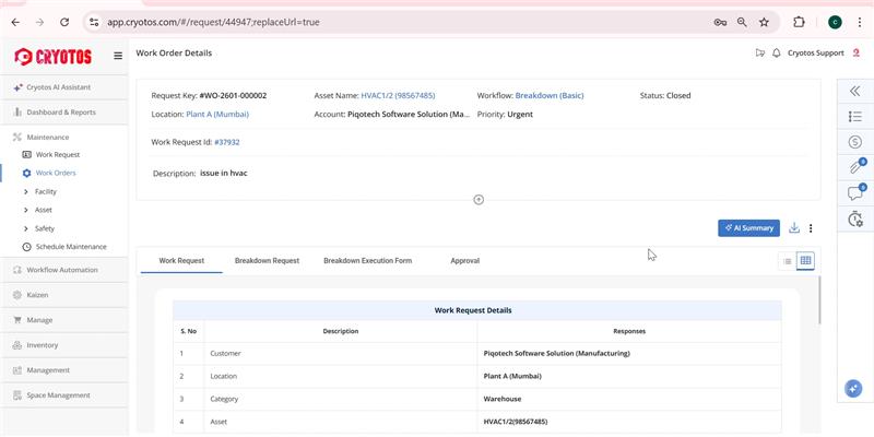 A screenshot of a Cryotos Work Order detail page featuring the new AI Summary panel. The interface displays an automated summary of the maintenance request and a chat box for users to interact with the AI for contextual insights.