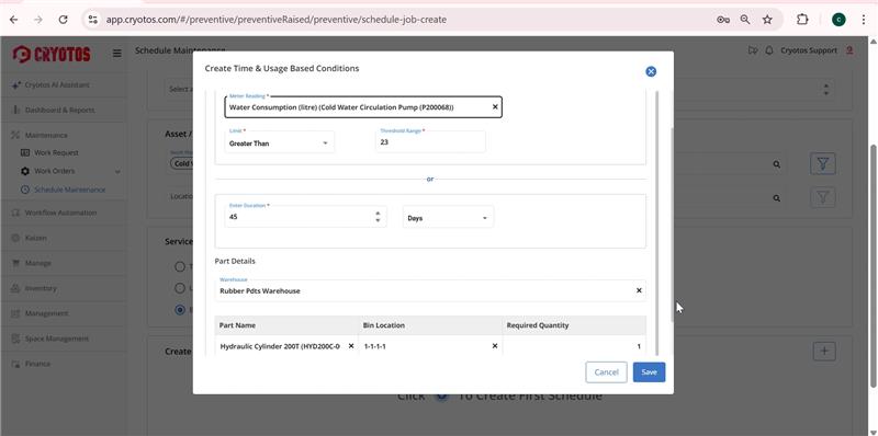 Screenshot of the Cryotos Scheduled Maintenance interface, highlighting the 'Parts & Inventory' section where users can select and allocate specific parts to a task before scheduling.