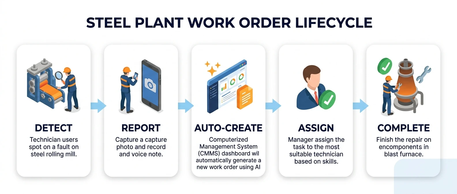 Steel plant work order workflow — detect, report, auto-create, assign, complete | Cryotos