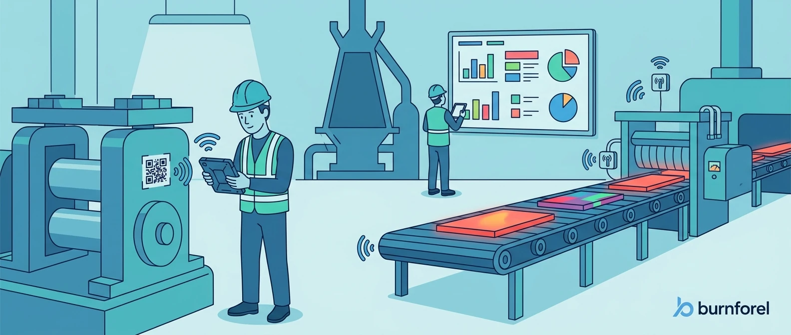 Steel plant technician using Cryotos CMMS mobile app with IoT sensors and wall dashboard — CMMS for steel industry | Cryotos