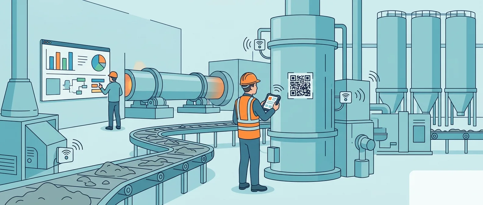 Cement plant technician using Cryotos CMMS mobile app with IoT sensors and wall dashboard near kiln and mills | Cryotos