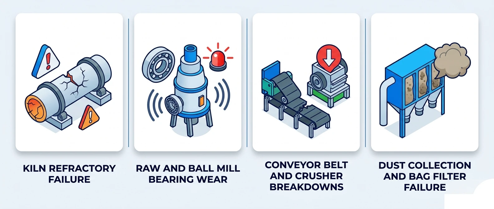 Four common causes of unplanned downtime in cement plants — kiln refractory, mill bearings, conveyor breakdowns, dust collection failure | Cryotos