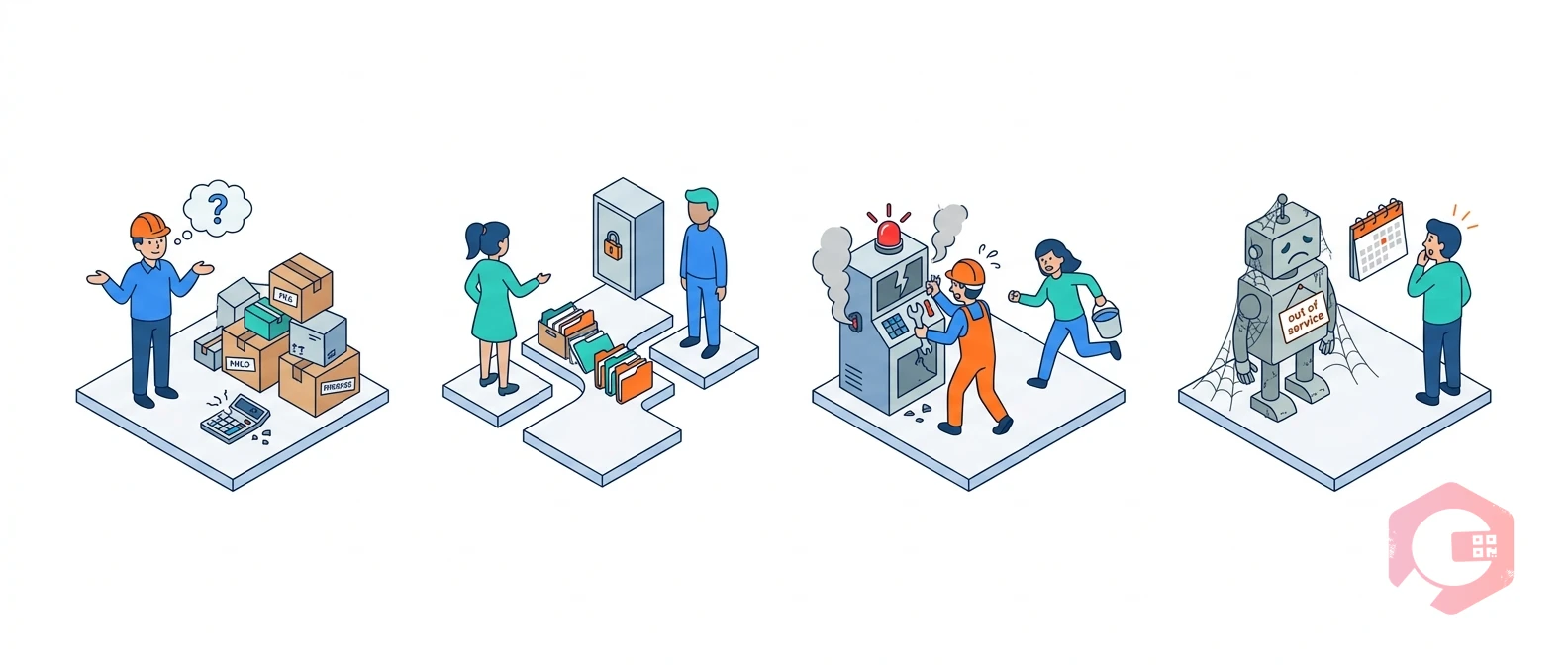 Four asset lifecycle pain points illustrated — planning, silos, reactive maintenance, late retirement | Cryotos