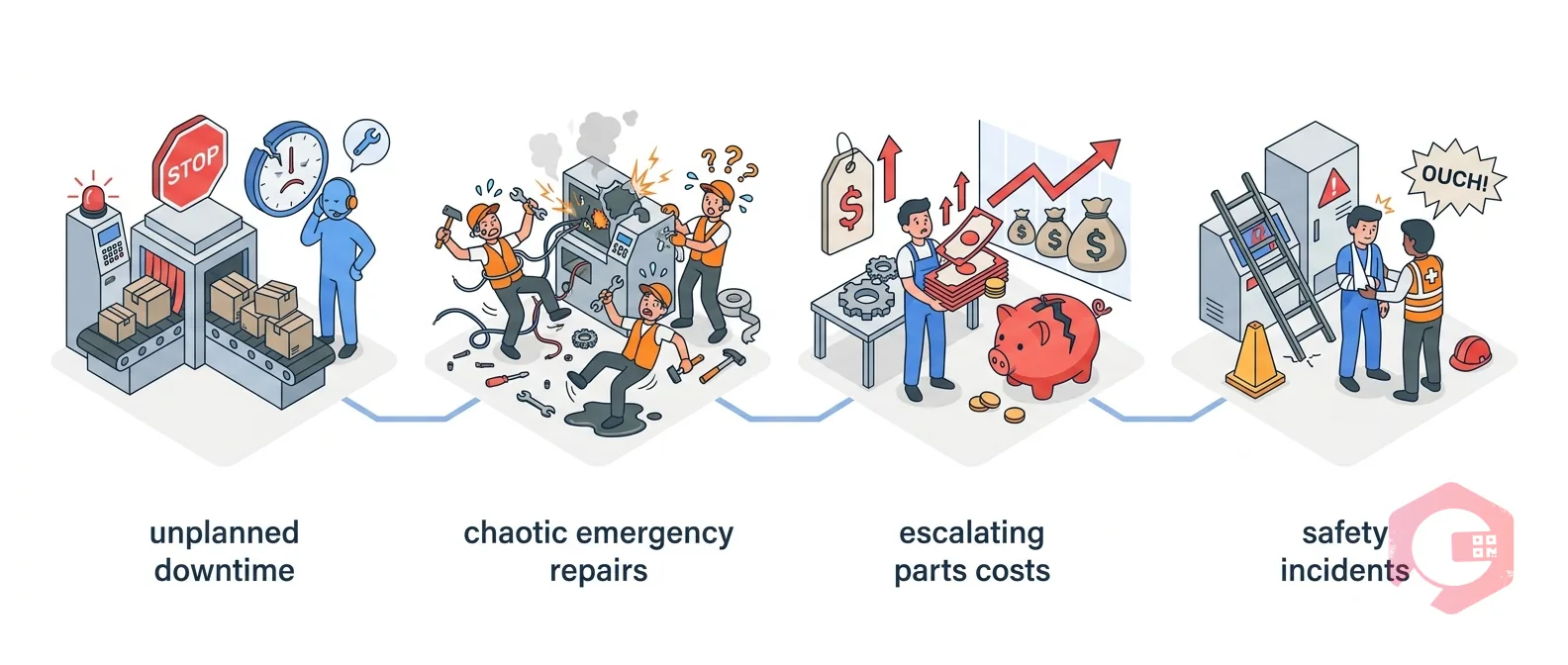 Four limitations of reactive maintenance — unplanned downtime, emergency repairs, high costs, safety incidents | Cryotos
