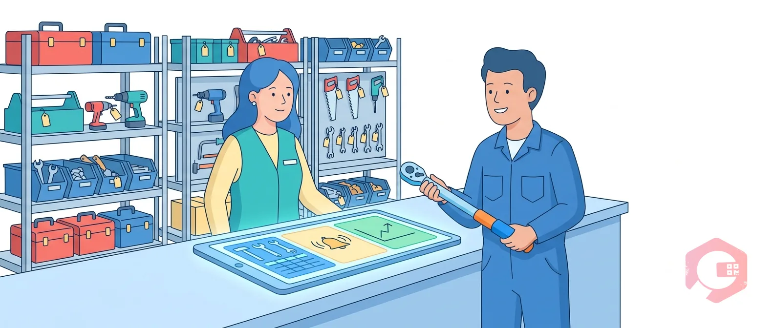 Tool crib supervisor logging a tool return on Cryotos CMMS tablet at organized tool storage | Cryotos