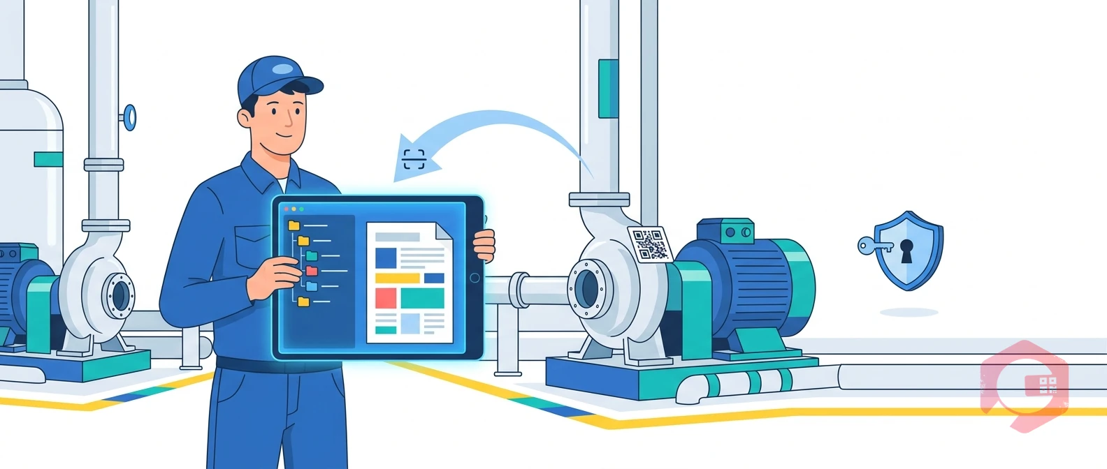 Technician on plant floor accessing asset documents via Cryotos CMMS with role-based access | Cryotos