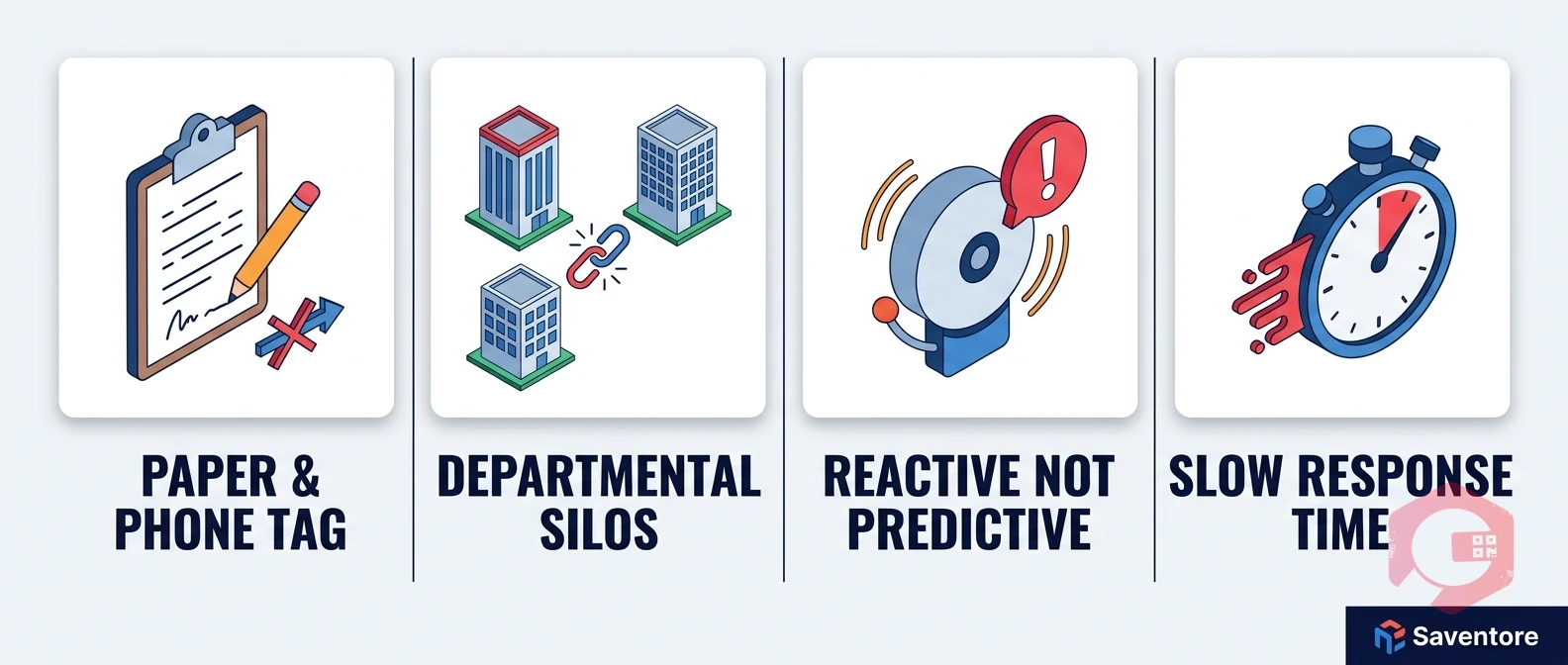 Four pain points of traditional facility-maintenance communication — paper, silos, reactive, slow