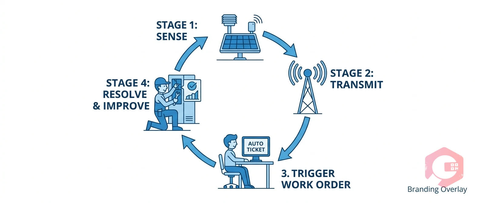 SCADA-to-CMMS data lifecycle — Sense → Transmit → Trigger → Resolve
