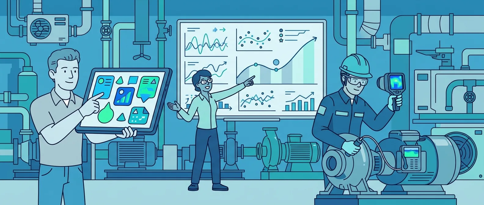 Reliability team comparing CBM and predictive maintenance on factory floor | Cryotos