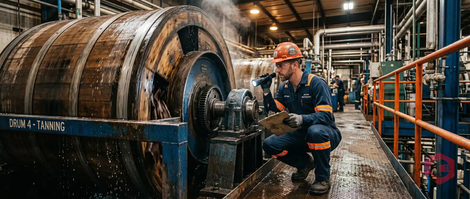 CMMS Software for Leather Manufacturing — Maintenance engineer inspecting drum equipment in tannery | Cryotos