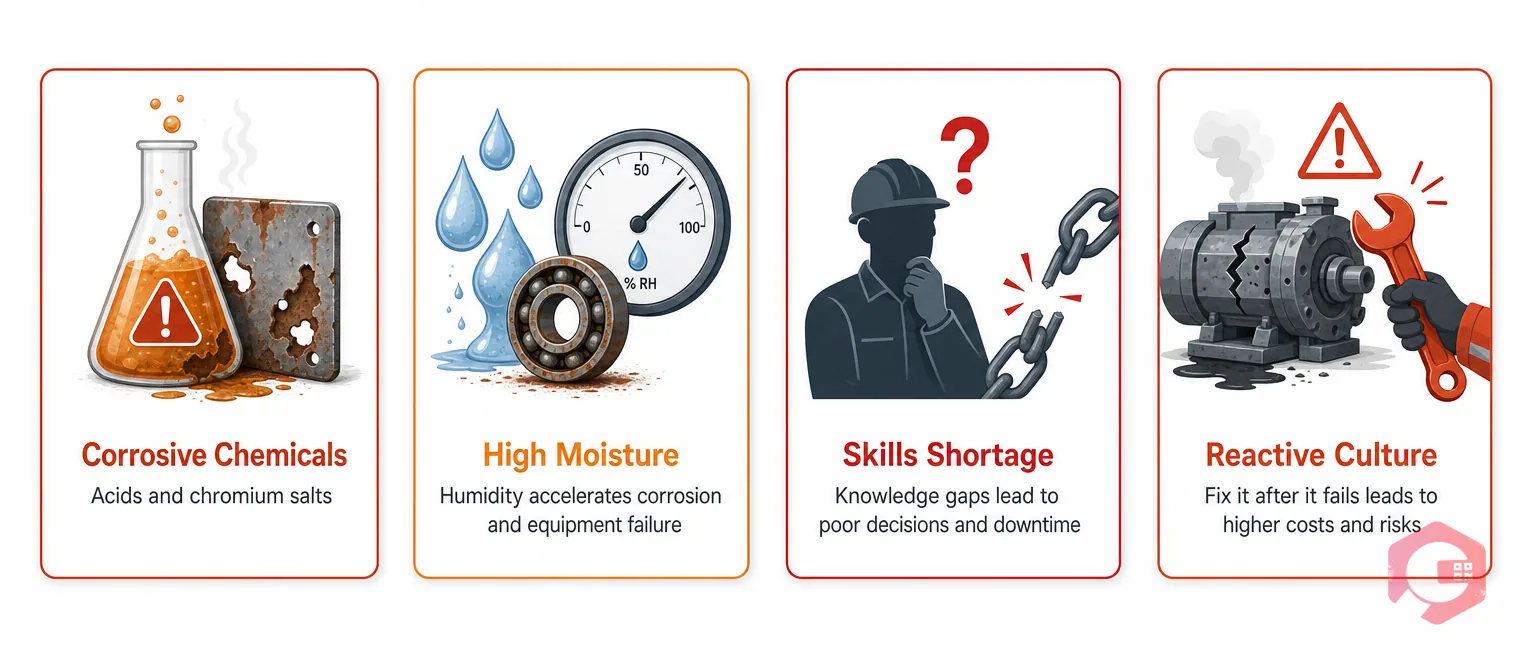 Common Maintenance Challenges in Leather Manufacturing — Corrosive Chemicals, High Moisture, Skilled Technician Shortage, Reactive Culture | Cryotos