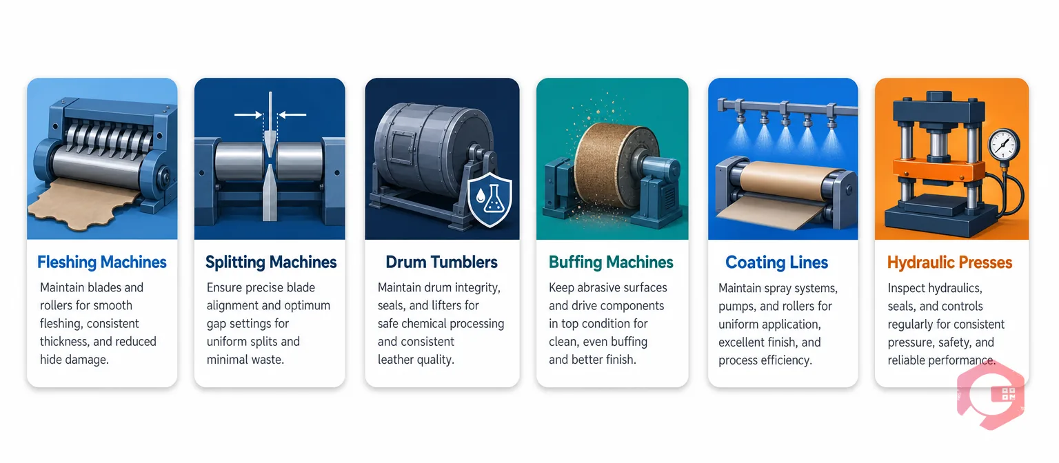 Key Leather Plant Machines Needing Maintenance — Fleshing, Splitting, Drum Tumblers, Buffing, Coating, Hydraulic Press | Cryotos