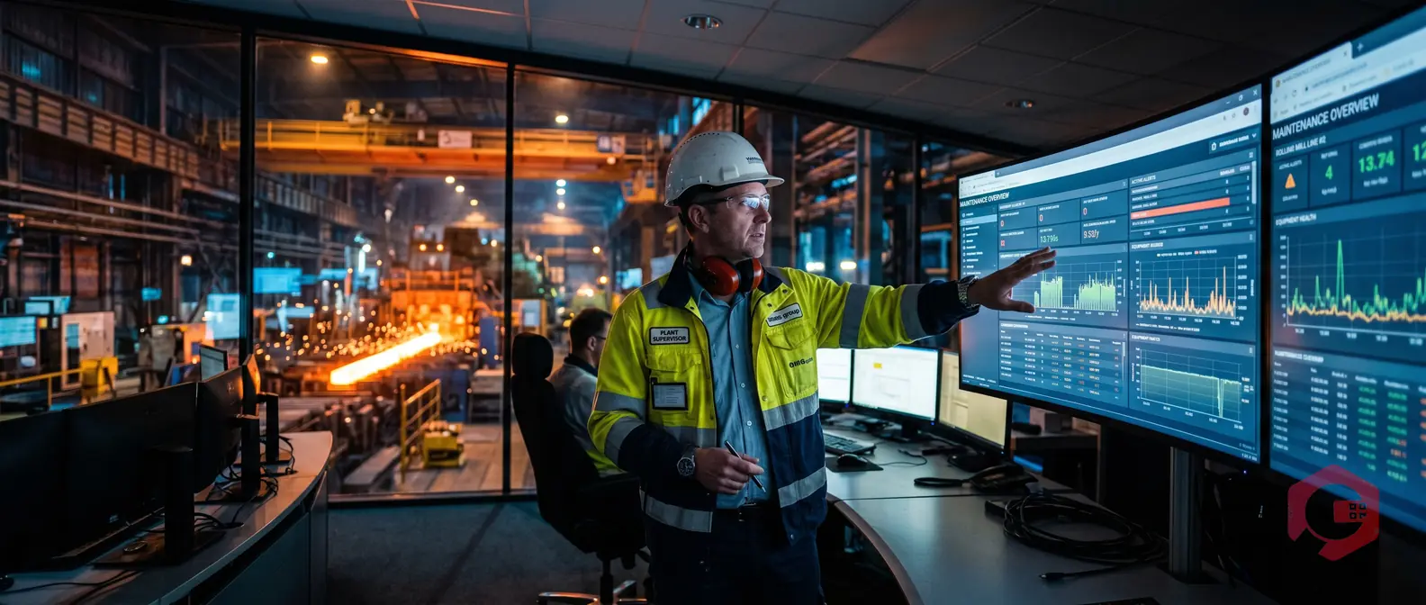 Steel plant control room supervisor reviewing CMMS maintenance data with hot rolling mill visible — CMMS for steel industry | Cryotos