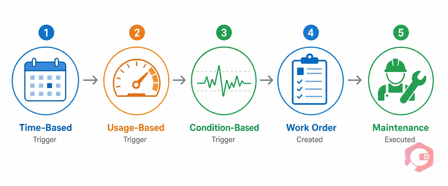 Three preventive maintenance trigger types in steel plants — time-based, usage-based, condition-based — leading to work order and execution | Cryotos
