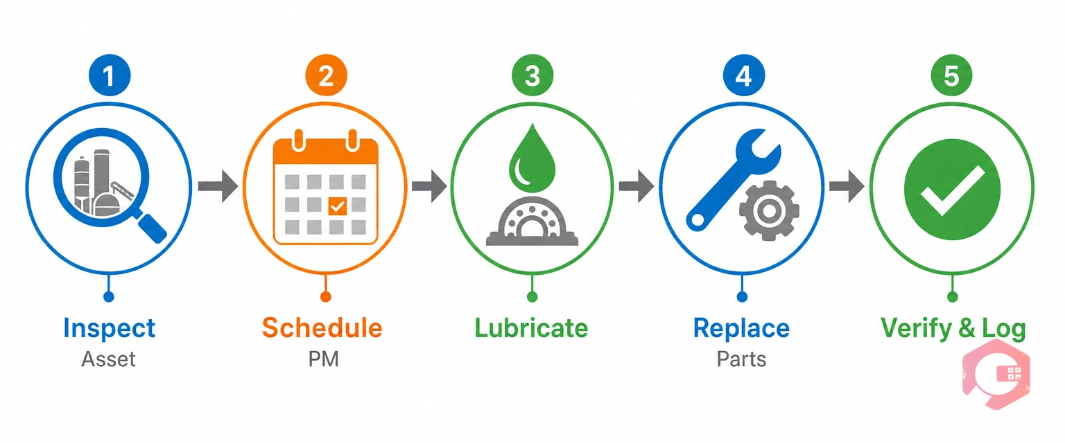 Cement plant preventive maintenance workflow — inspect, schedule, lubricate, replace, verify | Cryotos