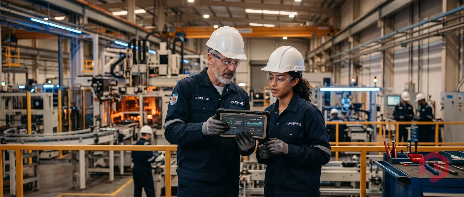 Senior maintenance technician mentoring younger apprentice using AI-assisted CMMS tablet at industrial facility — solving skilled labor shortage | Cryotos