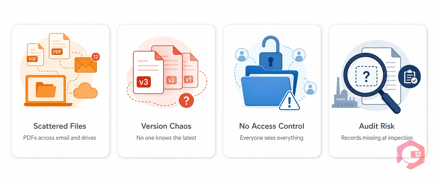 Four document management pain points in maintenance — scattered files, version chaos, no access control, audit risk | Cryotos