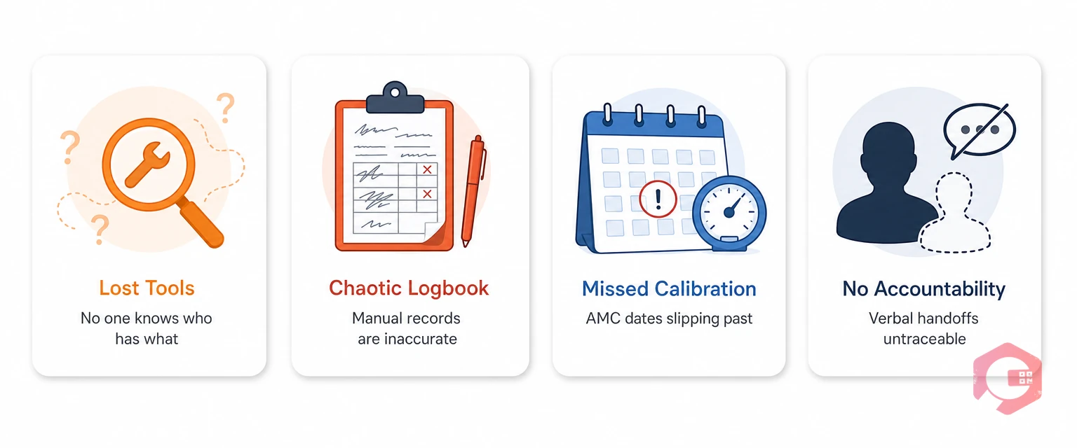 Four tools management pain points in maintenance — lost tools, chaotic logbook, overdue calibration, no accountability | Cryotos