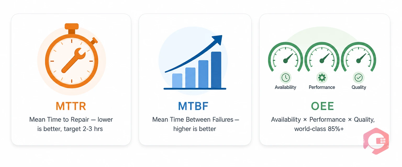 Three key manufacturing downtime metrics to track and baseline — MTTR mean time to repair, MTBF mean time between failures, OEE overall equipment effectiveness | Cryotos