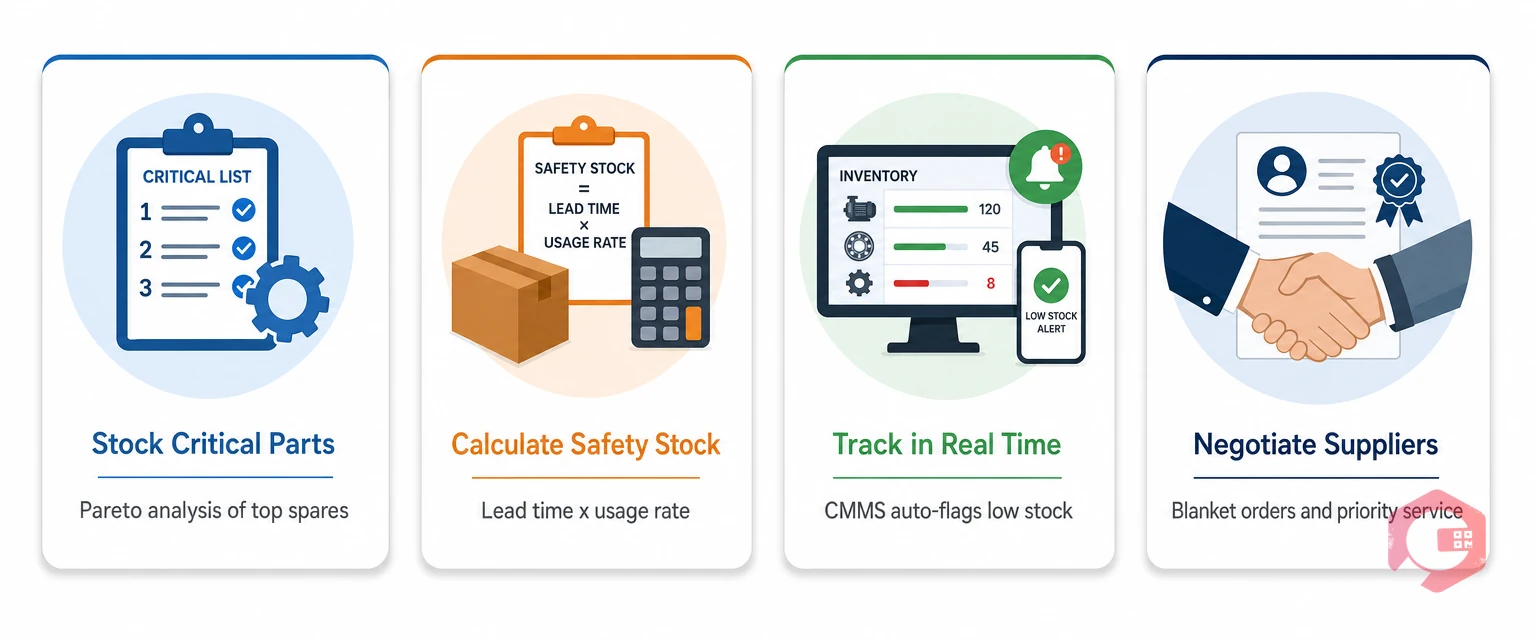 Four spare parts strategy tactics for manufacturing downtime reduction — identify high-impact parts, calculate safety stock, track inventory in real time, negotiate supplier agreements | Cryotos