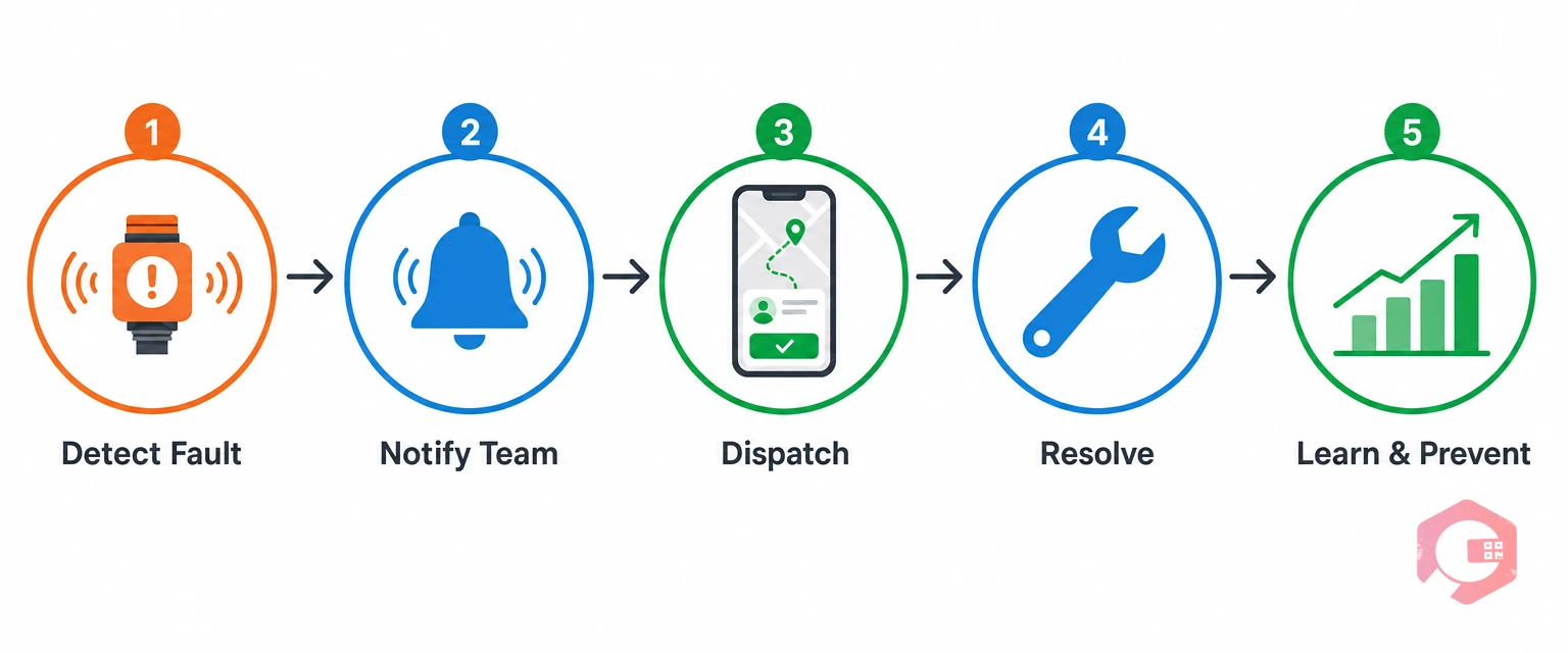 Real-time maintenance feedback loop — detect fault, notify team, dispatch technician, resolve, improve and prevent | Cryotos