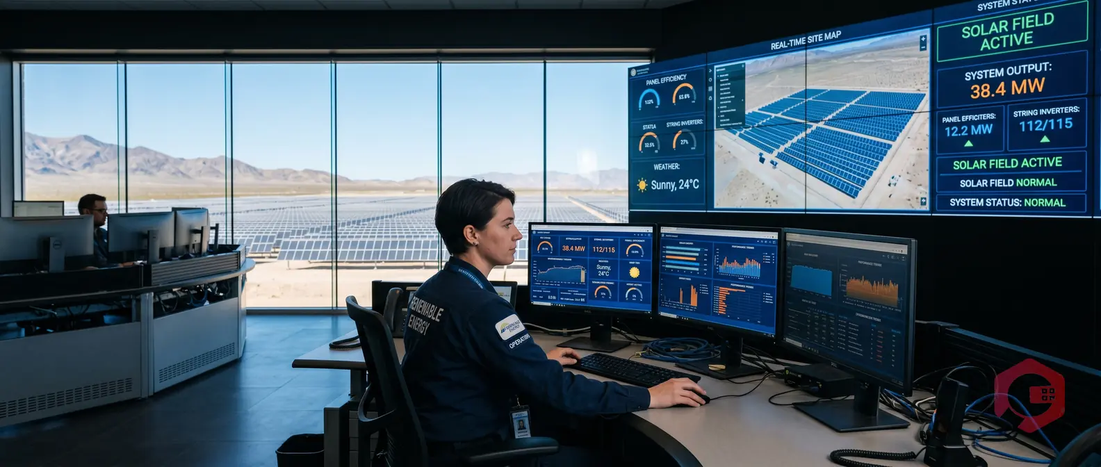 Solar O&M operator monitoring real-time SCADA performance dashboards in solar power plant control room | Cryotos