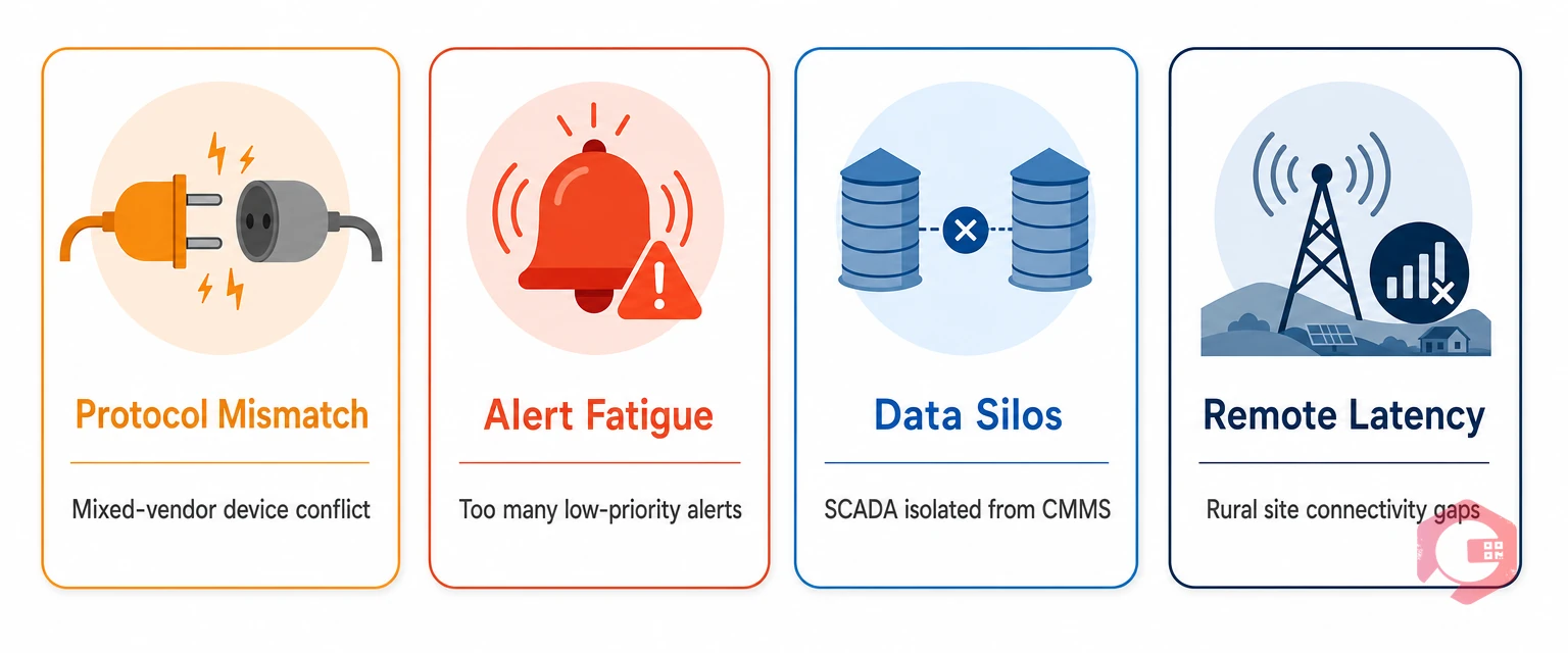 Four common solar SCADA integration challenges — protocol mismatch, alert fatigue, data silos, remote latency | Cryotos