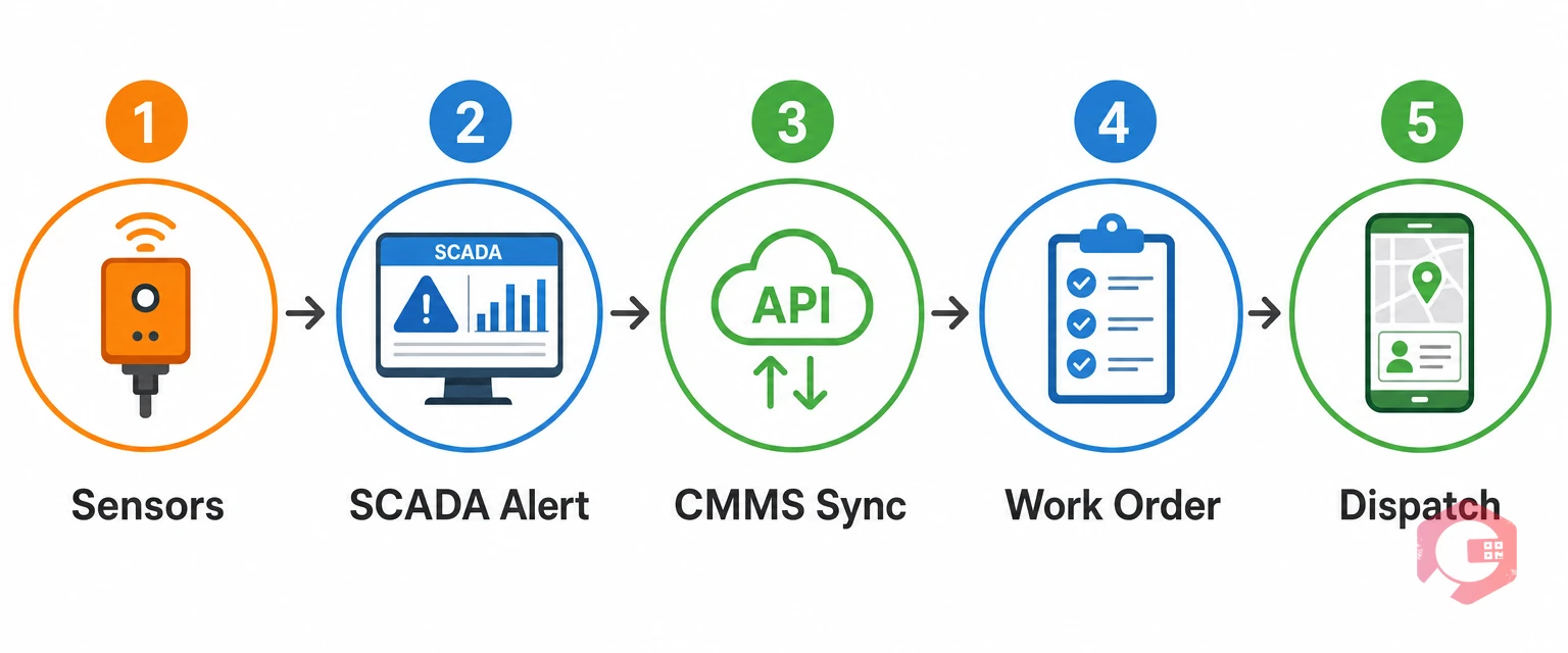 SCADA to CMMS closed-loop integration workflow for solar plants — sensors, SCADA, API sync, auto work order, technician dispatched | Cryotos